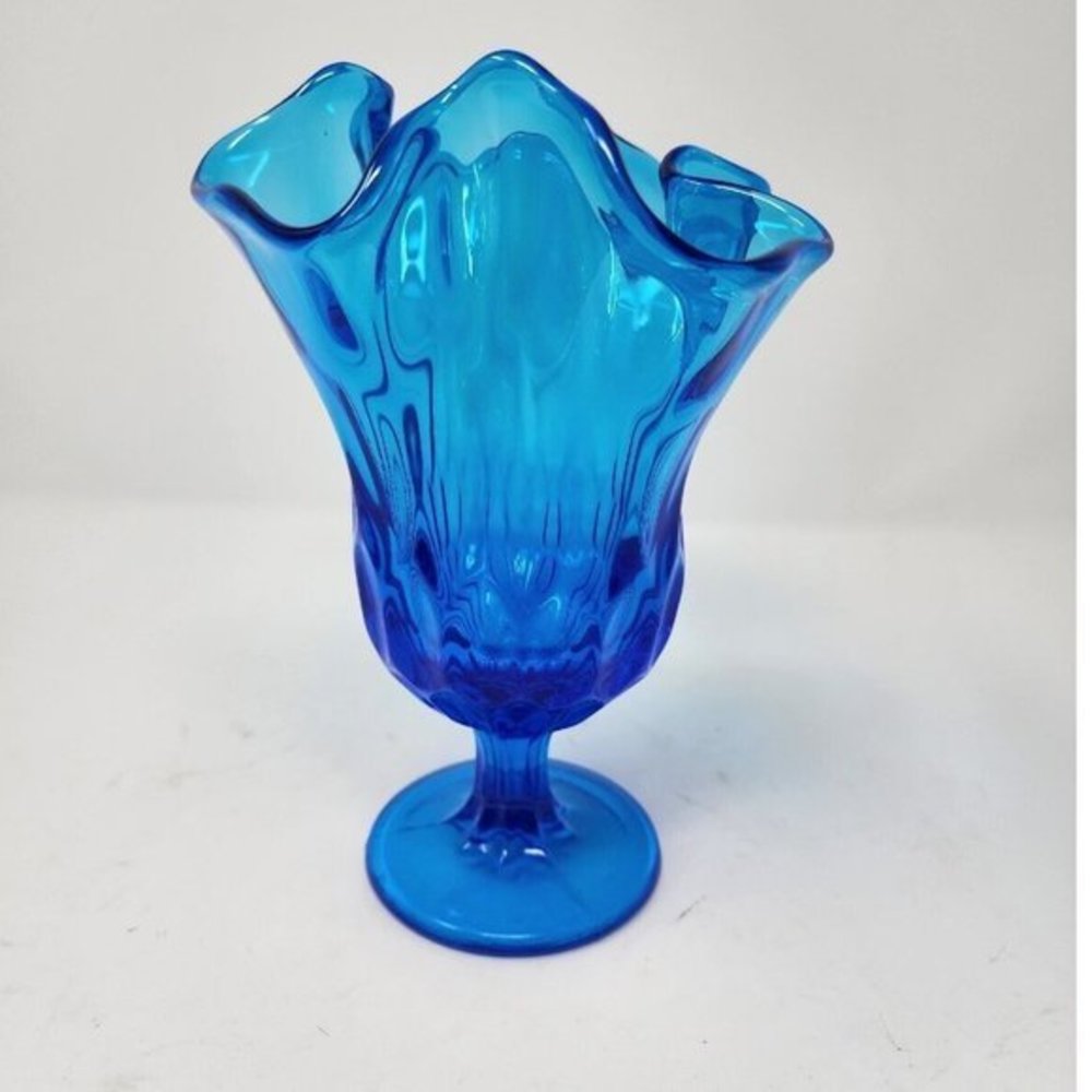 Vtg‎ Fenton Swung Stretch Handkerchief Pedestal Thumb Print Colonial Blue Vase - Picture 12 of 12